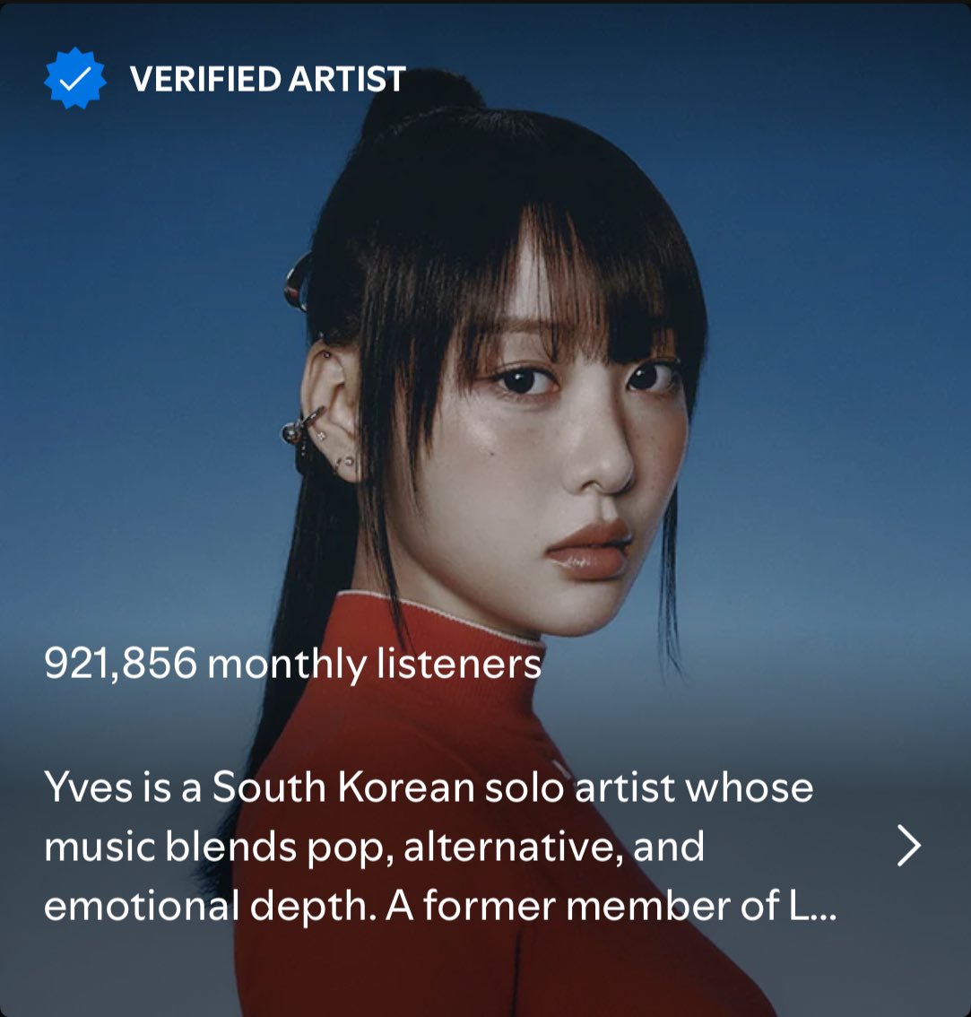 Yves #Spotify monthly listeners update 

04/04 - 921,856 (+ 14,066)

#Yves #이브