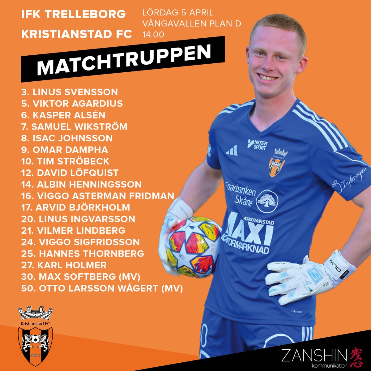 1614Kristiansta's tweet photo. MATCHTRUPPEN! 🧡🖤
Kristianstad FC:s trupp till lördagens bortamatch mot IFK Trelleborg.
Vångavallen Plan D (konstgräs). Avspark 14.00. https://t.co/VYBqzM0Qzt