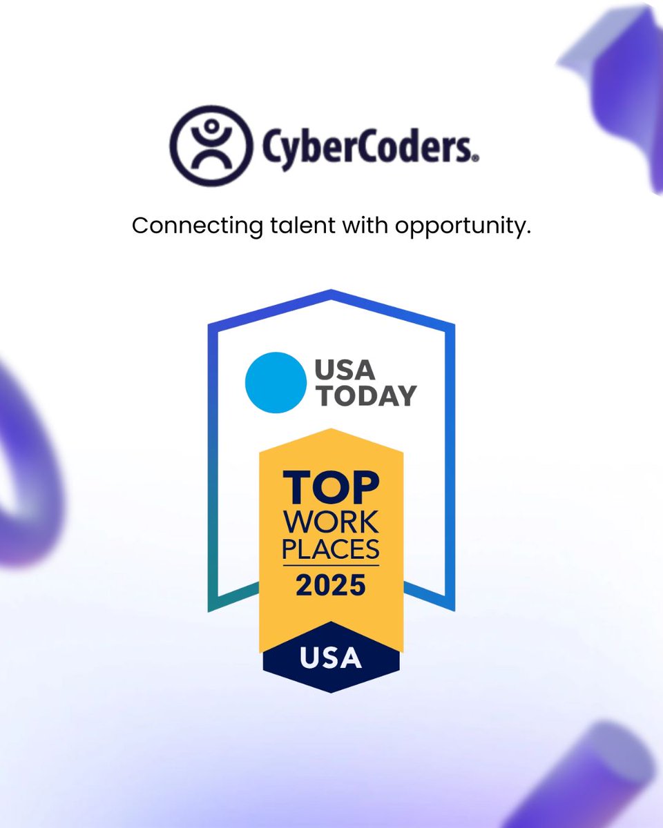 We’re proud to announce that CyberCoders has been named one of USA Today's 2025 Top Workplaces! 🏆 Whether it’s finding top talent, placing candidates in their dream jobs, or setting new industry standards, our team thrives by working together.

#cybercoders #topworkplaces