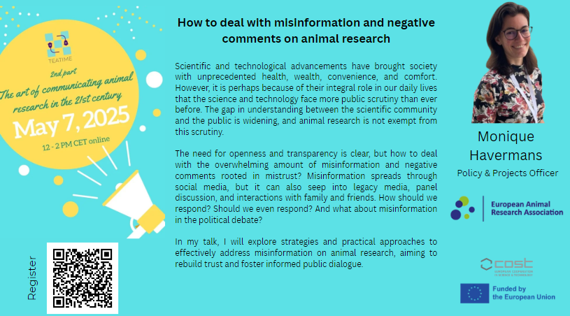 Science faces growing scrutiny, and misinformation spreads fast—on social media, in media, and even in politics. How should we respond? Should we at all?

Register for our webinar to learn more, use QR code below!

#animalresearch <a href="/The_EARA/">EARA</a> <a href="/COSTprogramme/">COST</a>
