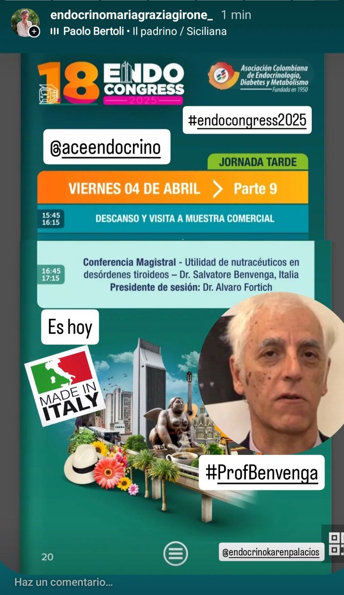 magraziagirone's tweet photo. Hoy viernes 4 de Abril #ProfBenvenga de @unimessina
#nutraceuticos y #Tiroides en
#Endocongress2025 @ENDOCRINO_COL en #Medellin
@drfherediaz @rafael52987
@alejoromanmd @DrMauricioGon
@LATS_Society @Fabian_Pitoia
@alfonsomora81 @robertiroid
@endocatracha @dremarquezr https://t.co/oC1k5XSYZO
