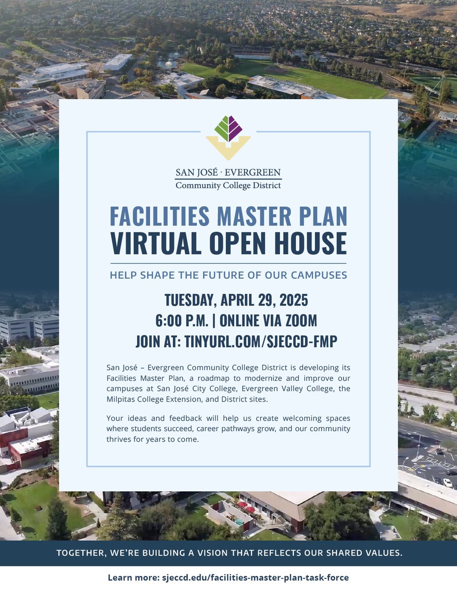 Join us on April 29 to share your ideas and help shape the future of our campuses!
tinyurl.com/SJECCD-FMP

More information on this project is available at sjeccd.edu/facilities-mas…