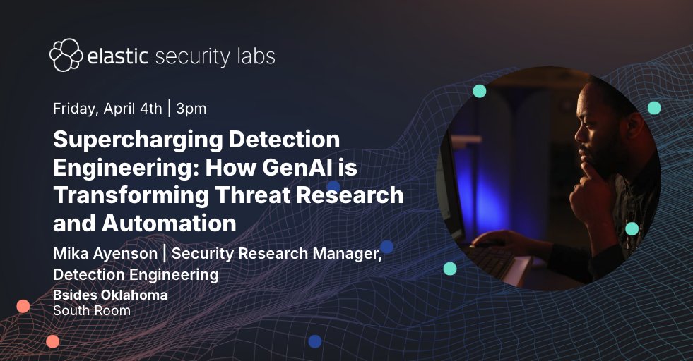 elasticseclabs's tweet image. Starting soon! A @BsidesOK presentation from @stryker0x on the interception of #genai and #detectionengineering. If you’re in the Sooner State, be sure to join them in the South room: go.es.io/4i6nqPo