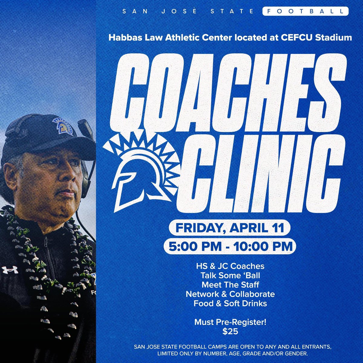 🚨 Calling All Coaches 🚨

You can still register to attend our Coaches Clinic! Come learn from some of the best in Football! 

#ThisIsSparta⚔️🔷⚔️

🔗 …josestatefootballcamps.totalcamps.com/shop/product/4…