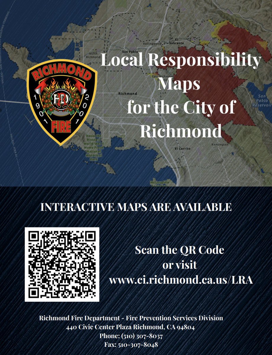 Updated Fire Hazard Severity Zone Local Responsibility Area (LRA) maps are now available for Richmond. See which areas are within the LRA and share your feedback with us!  

Scan the QR code or go to ci.richmond.ca.us/LRA