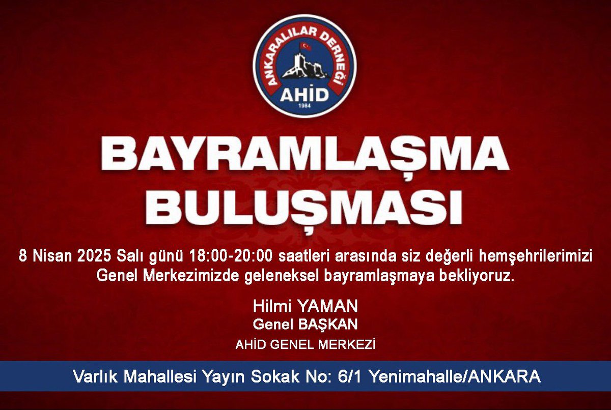 HilmiYaman06's tweet photo. Geleneksel Bayramlaşma Buluşmamıza tüm hemşehrilerimiz davetlidir.

@AhidAnkara06 https://t.co/RkOf2JnzKE