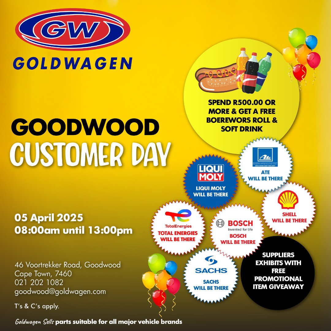 Get ready for a celebration at Goldwagen Goodwood that you won’t want to miss! Join us for exclusive deals and exciting product showcases!

#Goldwagen #Capetown #Goodwood #Quality #Parts