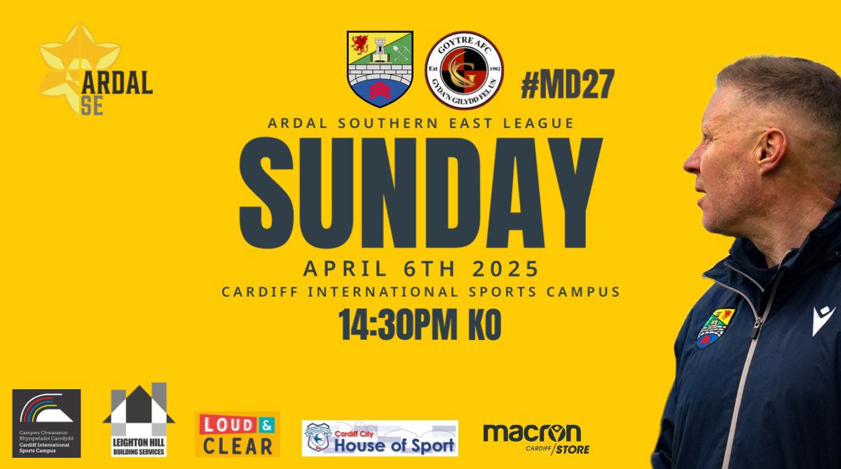 Next Up back ON A SUNDAY @ 🏠

🏅 | <a href="/ArdalSouthern/">Ardal Southern</a> E MD27
🆚 | <a href="/GoytreFC/">Goytre Football Club</a> (H)
📆 | Sunday 6th April
⏰ | 2:30pm KO
🏟️ | <a href="/HouseofSportCDF/">Cardiff City House of Sport</a>

🎫 | £5 adults - U16s Free

🍽️ | What better way than to wash your Sunday roast down with a pint of local football!

#WeAreCanton #ArdalSundays