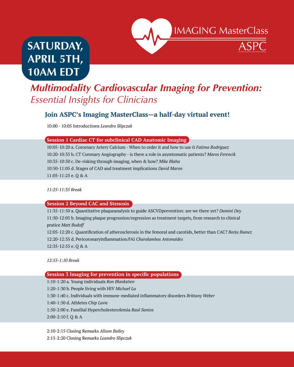 ASPC (@aspcardio) on Twitter photo Don’t Miss It! ASPC’s Imaging MasterClass is almost here, and the agenda is 🔥 Sat, April 5 | 10 AM EDT, FREE Half-Day Virtual Event, Focus: Multimodality Cardiovascular Imaging for Prevention – Must-know insights for clinicians! <a href="/a_l_bailey/">Alison L. Bailey, MD</a> <a href="/CardioMDPhD/">Leandro Slipczuk</a>
ow.ly/IvIb50VuPwB Don’t Miss It! ASPC’s Imaging MasterClass is almost here, and the agenda is 🔥 Sat, April 5 | 10 AM EDT, FREE Half-Day Virtual Event, Focus: Multimodality Cardiovascular Imaging for Prevention – Must-know insights for clinicians! <a href="/a_l_bailey/">Alison L. Bailey, MD</a> <a href="/CardioMDPhD/">Leandro Slipczuk</a>
ow.ly/IvIb50VuPwB