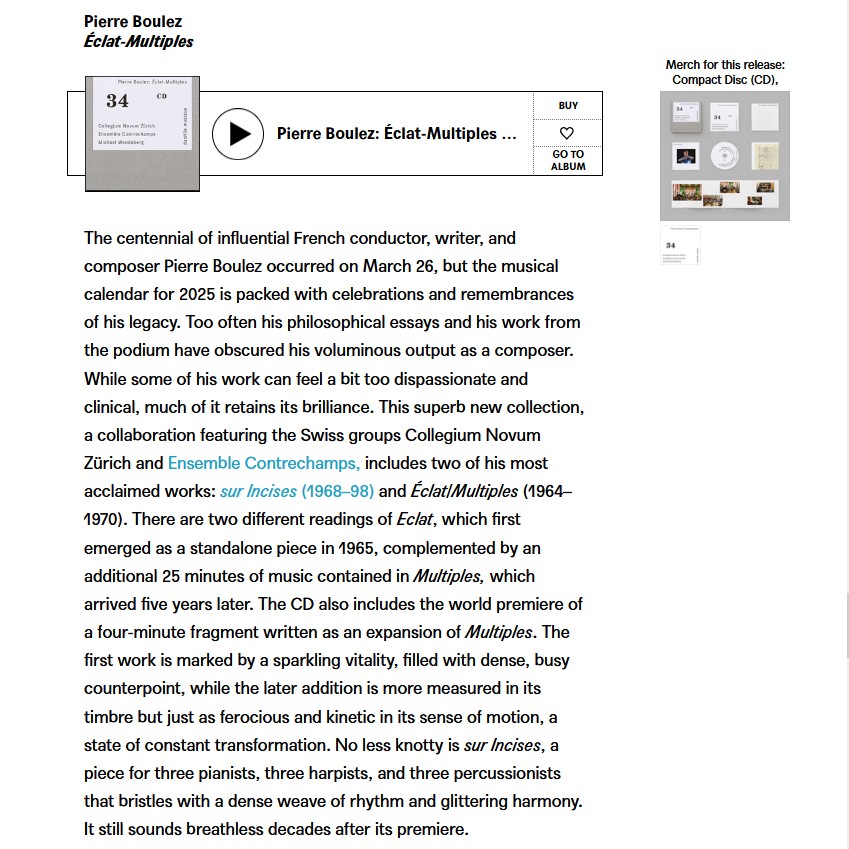 Tarrific news, French music big in the USA! »Pierre Boulez: Éclat-Multiples« from #CollegiumNovumZürich, #EnsembleContrechamps and #MichaelWendeberg is on <a href="/Bandcamp/">bandcamp</a>’s best of March list: daily.bandcamp.com/best-contempor…