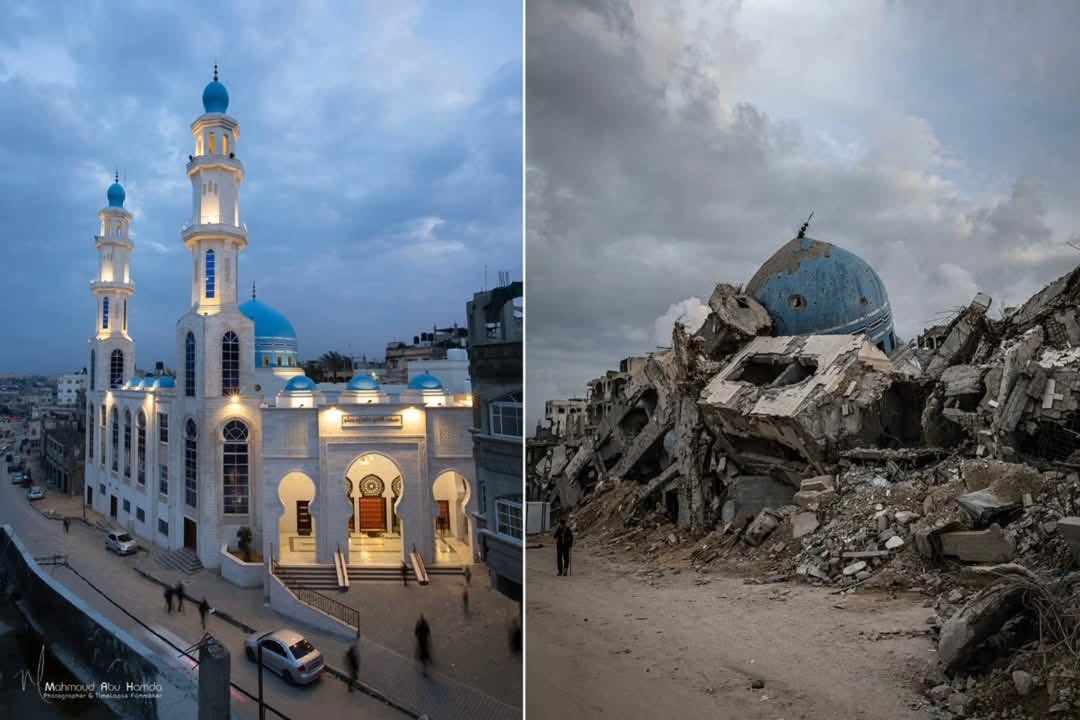 Suleiman Abu Muslim Mosque in Beit Lahia, northern Gaza Strip, before and after its destruction by the occupation forces.