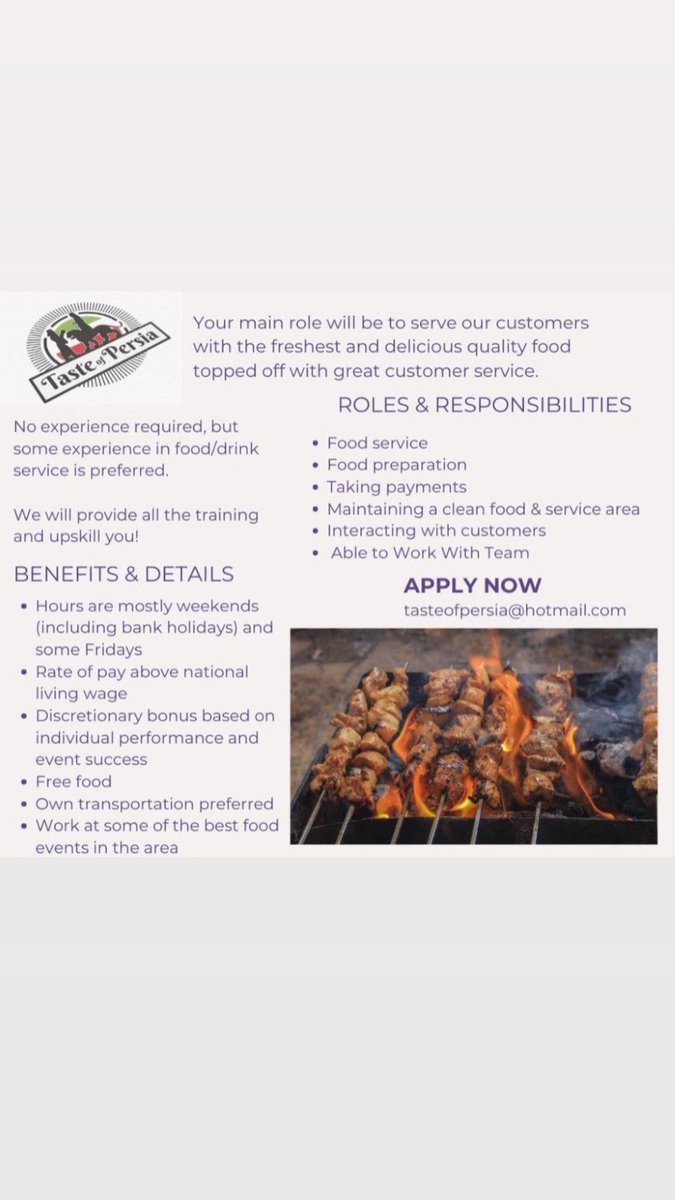 TasteOfPersia (@tasteof_persia) on Twitter photo Taste of Persia is recruiting.
With the festival season fast approaching, we are looking for 3-4 part time staff in delivering a fast & quality service to our customers, with good rates of pay plus expenses. Please send your CV to tasteofpersia@hotmail.com or call 07778605675 Taste of Persia is recruiting.
With the festival season fast approaching, we are looking for 3-4 part time staff in delivering a fast & quality service to our customers, with good rates of pay plus expenses. Please send your CV to tasteofpersia@hotmail.com or call 07778605675