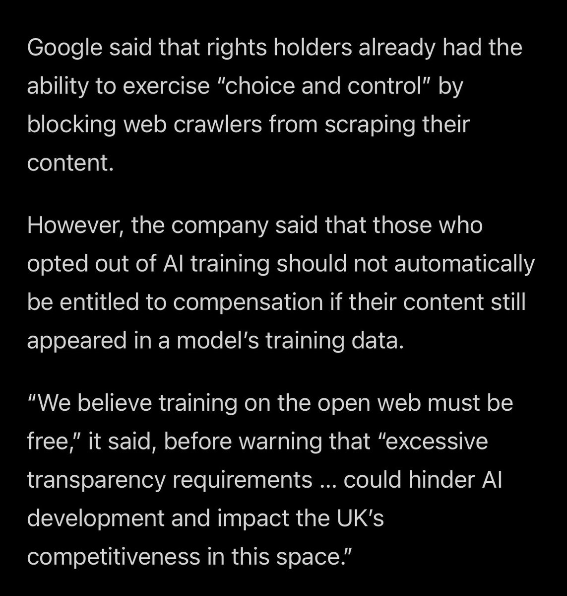 3/4 Their brilliant proposal? Utilizing robots.txt which AI companies notoriously ignore…

But they dont want to just take our works and data for free. They want to own it too. If we find our works in their datasets, via transparency laws, they want to claim it as theirs.