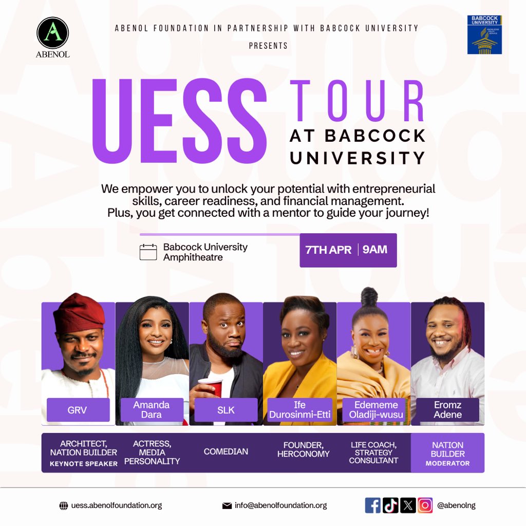 simplyEromz's tweet photo. Babcock University, we are coming! UESS is coming!

You don’t want to miss an explosive and life changing time on Monday!

Seasoned speakers will be in attendance, what about you?

See you on Monday!

#UESS #UESSatBabcock #ABENOL #YouthEmpowerment https://t.co/1NnrOV0tBG