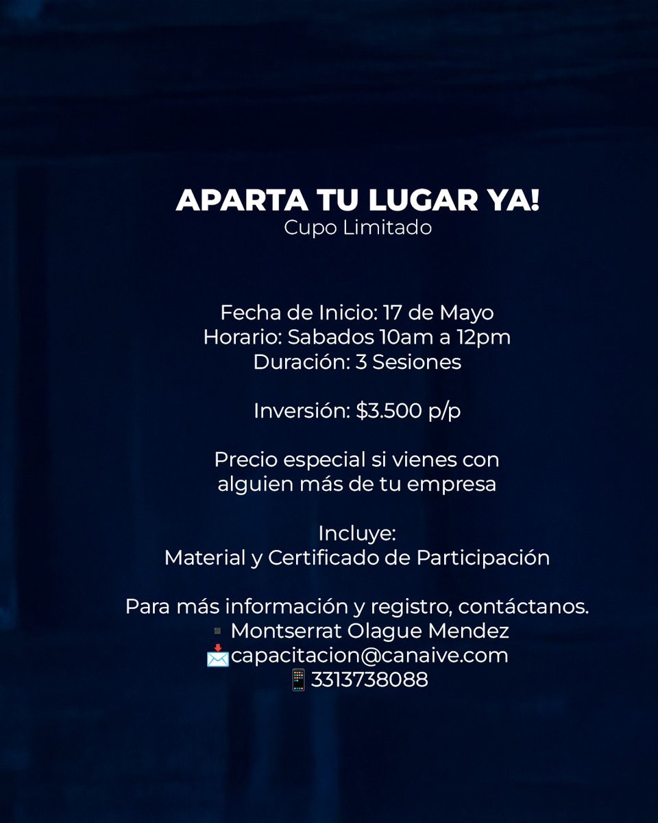Cámara de la Industria del Vestido de Jalisco (@canaive_jal) on Twitter photo Curso Práctico
"Inteligencia Artificial para Aumentar la Productividad".
🗓️Fecha de inicio: 17 de Mayo
⏰ Horario: 10:00am a 12:00pm
▪️ Duración: 3 sesiones
Para más información
▪️Montserrat Olague Mendez
📩 capacitacion@canaive.com
📱 3313738088 Curso Práctico
"Inteligencia Artificial para Aumentar la Productividad".
🗓️Fecha de inicio: 17 de Mayo
⏰ Horario: 10:00am a 12:00pm
▪️ Duración: 3 sesiones
Para más información
▪️Montserrat Olague Mendez
📩 capacitacion@canaive.com
📱 3313738088
