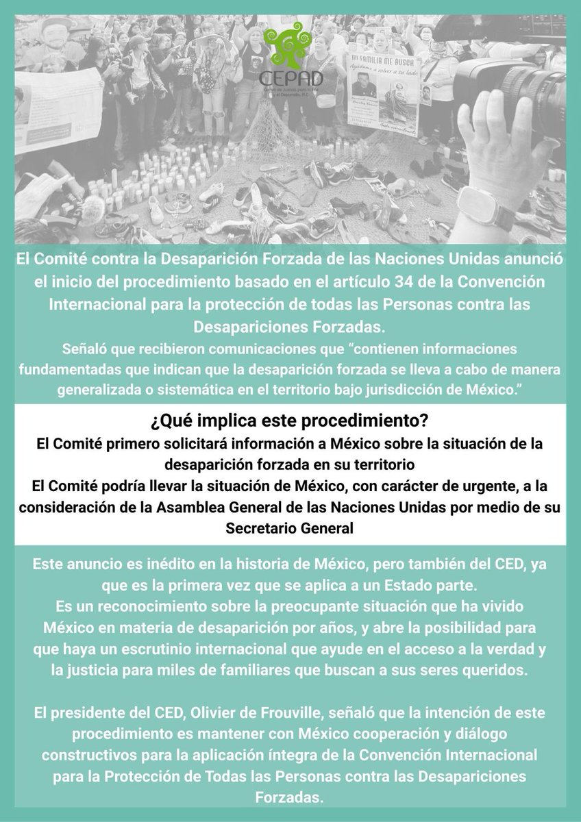 📢#URGENTE El #ComitéCED anunció el inicio del procedimiento basado en el artículo 34 de la Convención, señalando que recibieron comunicaciones que “contienen informaciones fundamentadas que indican que la desaparición forzada se lleva a cabo de manera generalizada o sistemática