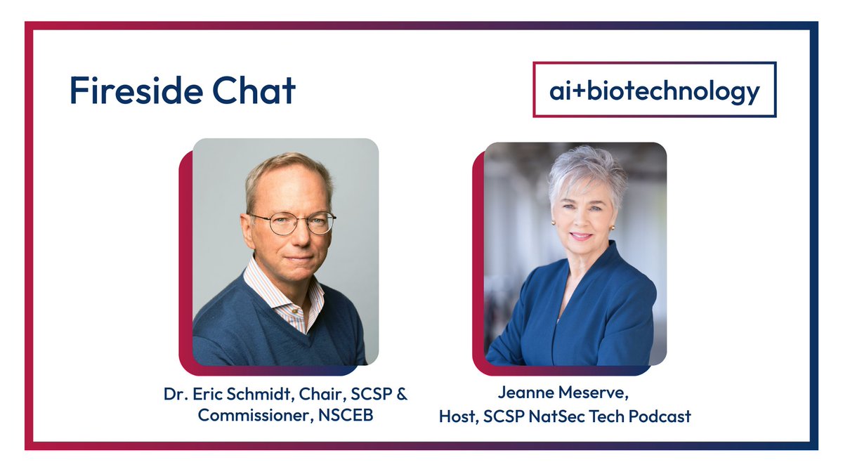 NSCEB (@biotech_gov) on Twitter photo Join us at the AI+Biotechnology Summit for a Fireside Chat featuring Dr. <a href="/ericschmidt/">Eric Schmidt</a>, @SCSP_ai Chair & NSCEB Commissioner, and <a href="/JeanneMeserve/">Jeanne Meserve</a>, host of the SCSP NatSec Tech Podcast, about why now is the moment to act on AIxBio policy.
Register here: web.cvent.com/event/c02c7128… Join us at the AI+Biotechnology Summit for a Fireside Chat featuring Dr. <a href="/ericschmidt/">Eric Schmidt</a>, @SCSP_ai Chair & NSCEB Commissioner, and <a href="/JeanneMeserve/">Jeanne Meserve</a>, host of the SCSP NatSec Tech Podcast, about why now is the moment to act on AIxBio policy.
Register here: web.cvent.com/event/c02c7128…