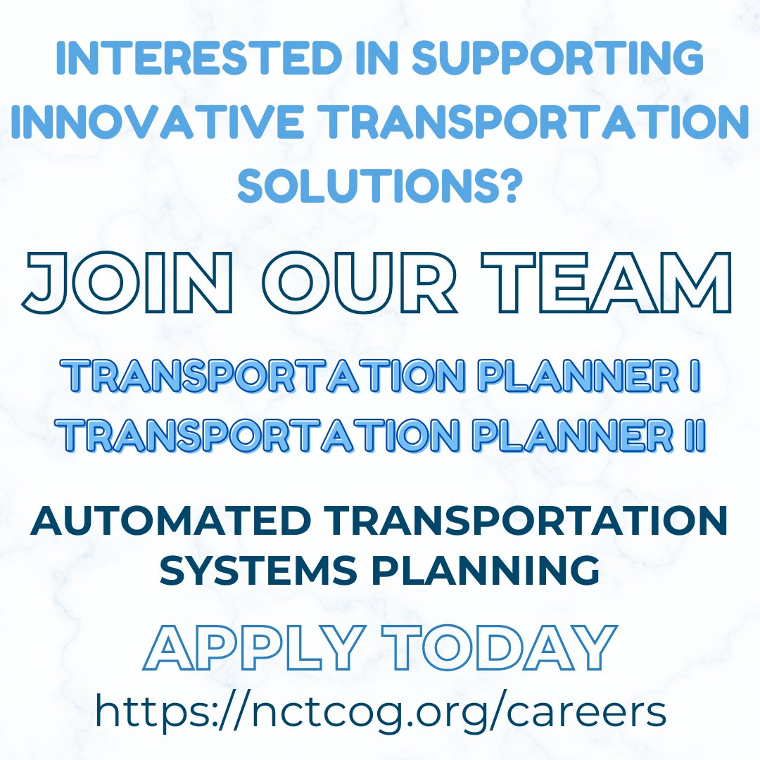NOW HIRING: Transportation Planner I and II – Automated Transportation Systems
Join NCTCOG’s Transportation Department to help plan the future of mobility!
Apply now:
nctcog.hua.hrsmart.com/hr/ats/Posting…
#TransportationPlanning #MobilityInnovation #Sustainability #AirQuality