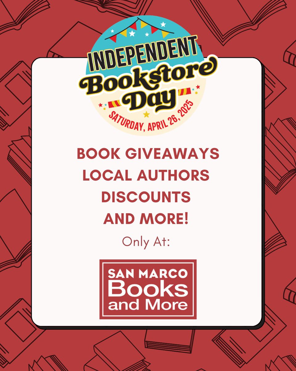 Did you know Independent Bookstore Day is almost here? 

This year, we are going BIG, with days of celebration, starting Monday, April 21st, and ending with an all-day party on Saturday, April 26th. You don't want to miss it! 

#SanMarcoBooksAndMore #ShopSmall #BookLoversUnite