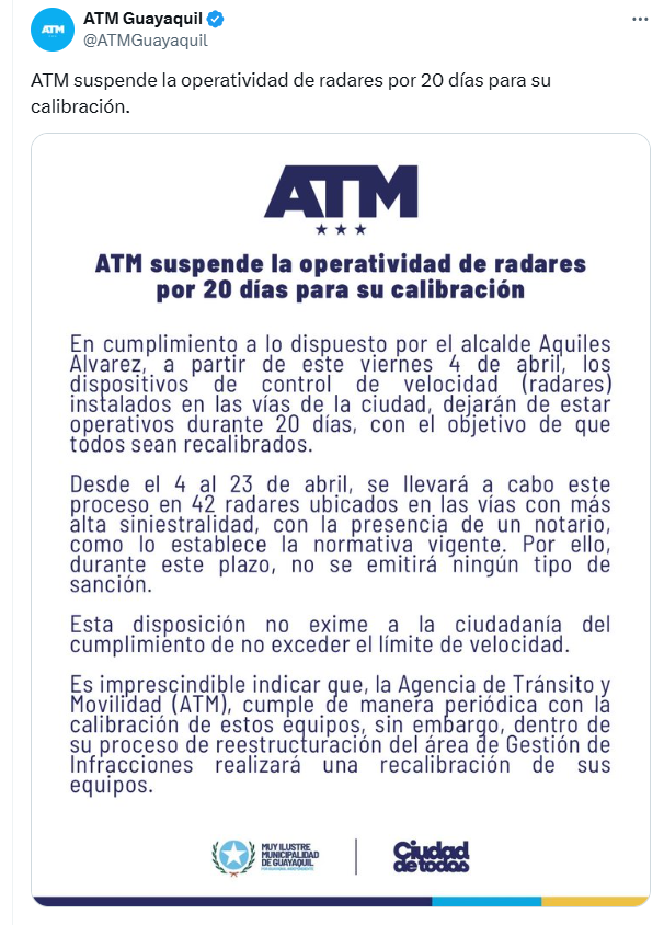 ANT_ECUADOR's tweet photo. ⚠️ ATENCIÓN
La suspensión de los radares en vía a la Costa no fue una decisión de la @alcaldiagye, como ha señalado la @ATMGuayaquil en su comunicado.
Esta medida fue adoptada de forma autónoma por la ANT, debido al incumplimiento del proceso de calibración de los dispositivos 🧵 https://t.co/ngjvwlYphj