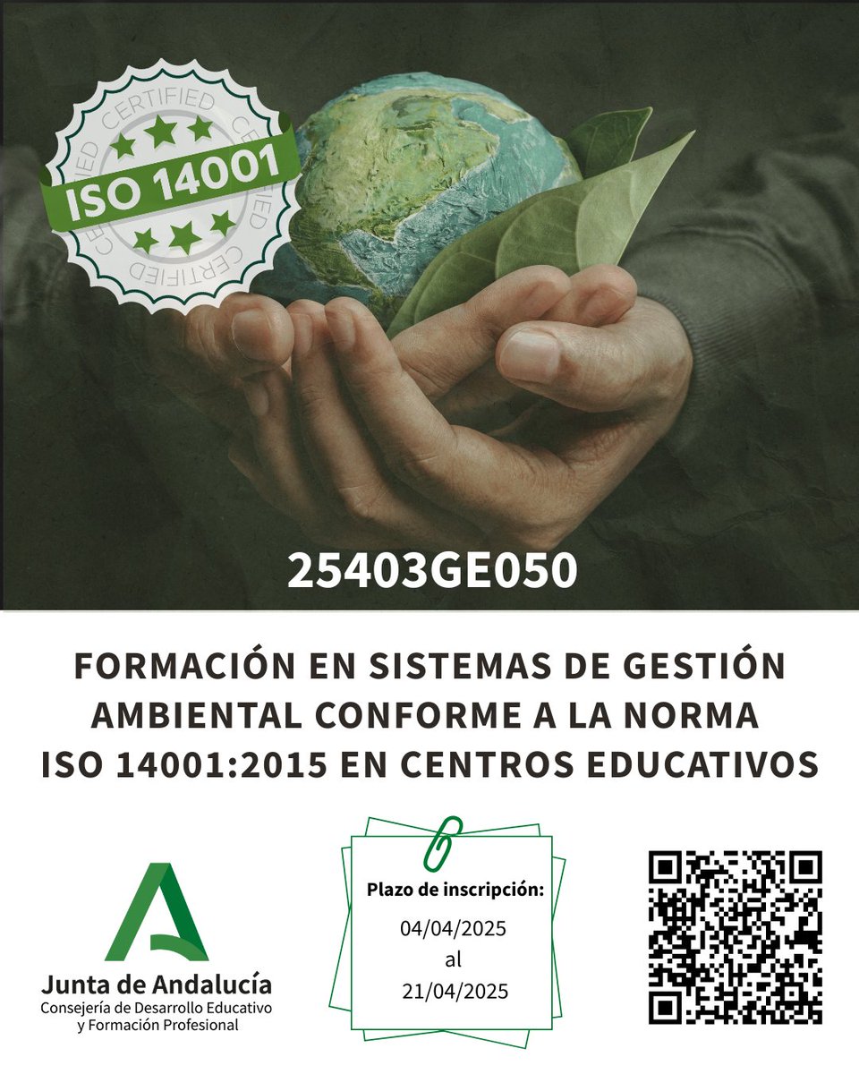 Curso regional a distancia
FORMACIÓN EN SISTEMAS DE GESTIÓN AMBIENTAL CONFORME A LA NORMA ISO 14001:2015 EN CENTROS EDUCATIVOS

Actividad: 28/04/2025 hasta 02/06/2025
Inscripción: 04/04/2025 hasta 21/04/2025

Información e inscripción: juntadeandalucia.es/educacion/secr…