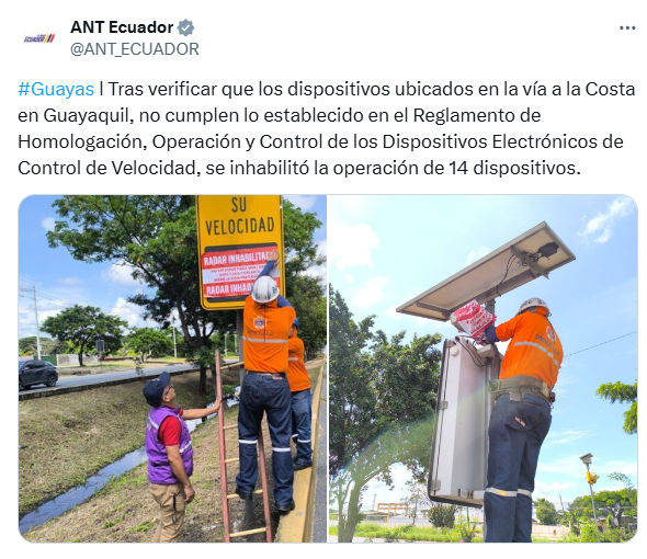 ANT_ECUADOR's tweet photo. ⚠️ ATENCIÓN
La suspensión de los radares en vía a la Costa no fue una decisión de la @alcaldiagye, como ha señalado la @ATMGuayaquil en su comunicado.
Esta medida fue adoptada de forma autónoma por la ANT, debido al incumplimiento del proceso de calibración de los dispositivos 🧵 https://t.co/ngjvwlYphj