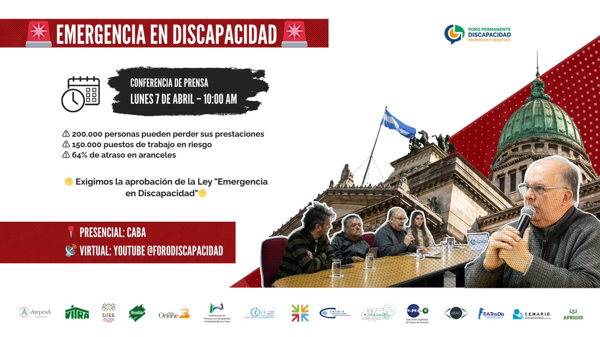 PermanenteForo's tweet photo. 📢 FALTAN POCOS DÍAS | CONFERENCIA DE PRENSA 

La crisis en el sector de la discapacidad es insostenible. Mientras el Gobierno no da respuestas, miles de personas con discapacidad, sus familias y los espacios que garantizan su atención están en riesgo. https://t.co/rIgOH4wW3n