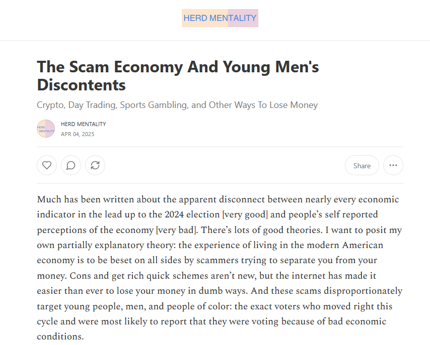 MattHerdman's tweet image. These days everything is a scam and it's no wonder people don't rate the economy highly (even before Trump crashed the economy)
herdmentality.substack.com/p/the-scam-eco…