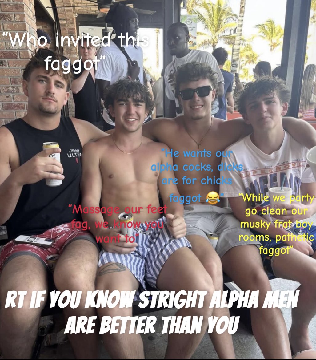 damnbros51's tweet photo. At frat parties now there's catering, a bartender, a server and a cleaning boy. They are all fāĝĝ��ŧṣ. And you arrived without invite thinking you could join like one of us? 😂 fuck no. Kneel and start masaaging our feet, hømø. https://t.co/5LGA9m0h1s