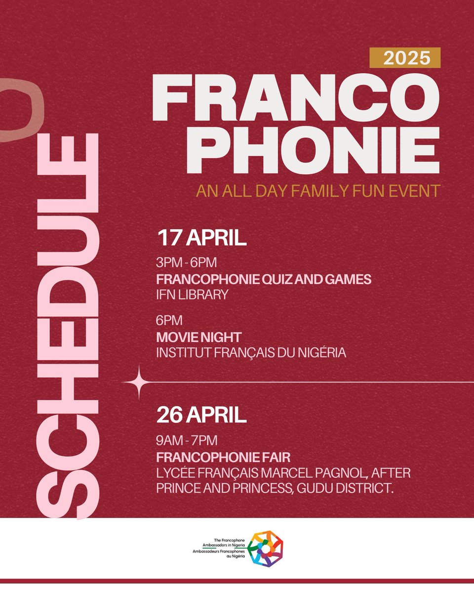 We invite you to celebrate the richness of Francophonie ! Join us for this multicultural experience that brings the flavours, rhythms, and fun of the French-speaking world to life.

Admission is FREE / RSVP via this link : buff.ly/8fI6mYA

#IFNigeria #FrancophonieFair