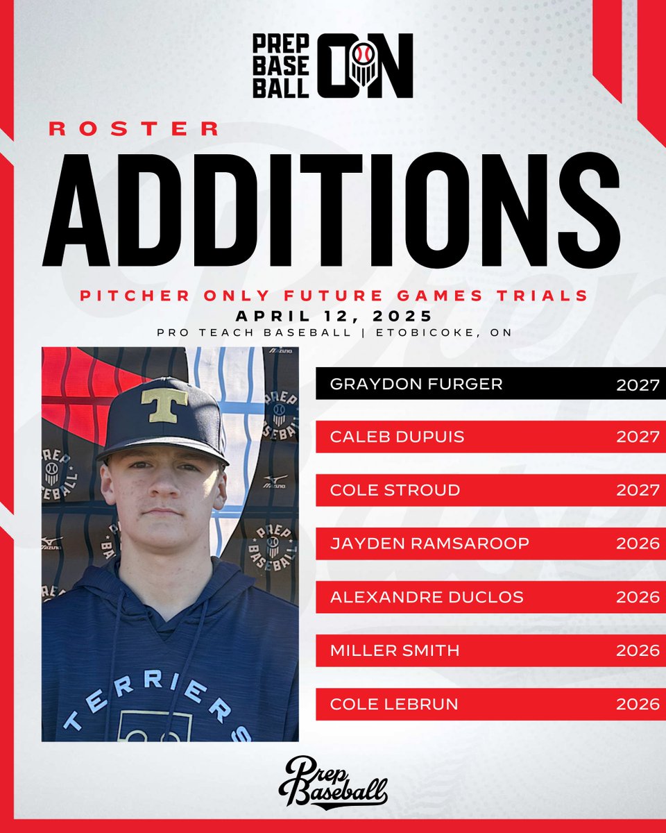 🔴𝓡𝓸𝓼𝓽𝓮𝓻 𝓐𝓭𝓭𝓲𝓽𝓲𝓸𝓷𝓼

⚾Pitchers Only Future Games Trials
🗓️April 12,2025
📍Pro Teach Baseball
👤2026-2028 Grads
💻TrackMan/VALD

Events: loom.ly/wpDs3WE