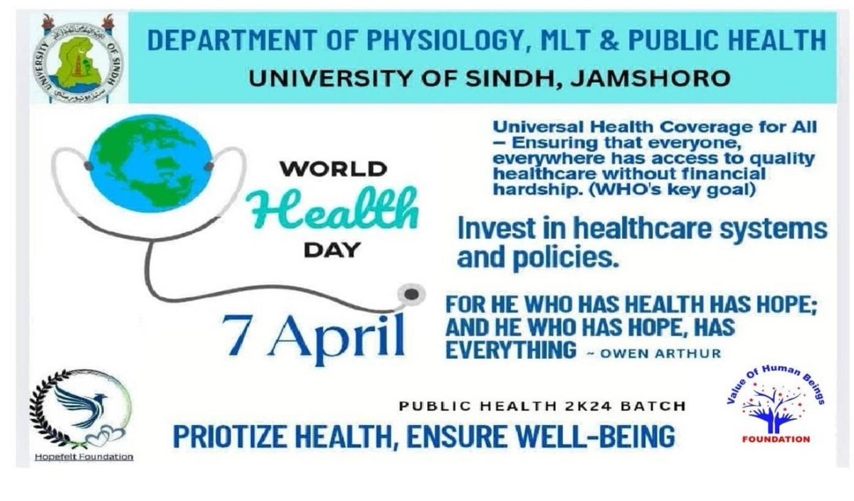 "On the occasion of World Health Day, the VHB leadership delivered an awareness session at the University of Sindh on April 6th. The session was held in collaboration with the Department of Physiology, Medical Laboratory Technology (MLT), and Public Health. The VHB team shared ,