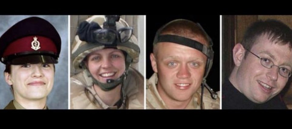 Remembering 

Private Eleanor Dlugosz, aged 19
Second Lieutenant Joanna Yorke Dyer, aged 24
Kingsman Adam Smith, aged 19
Corporal Kris O'Neill, aged 27

Killed on 5th April, 2007 in Basra, Iraq, by an IED blast

Lest we Forget these brave young members of our Armed Forces🏴󠁧󠁢󠁥󠁮󠁧󠁿🇬🇧
