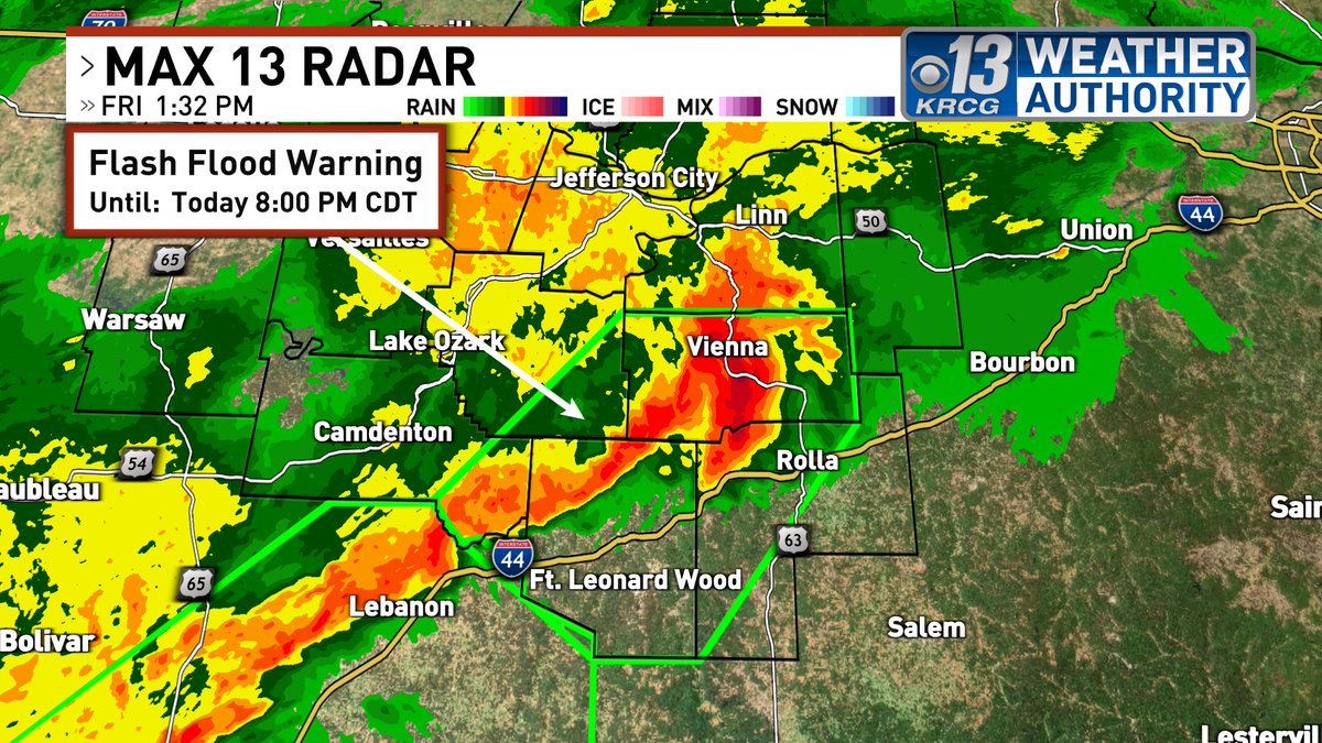 Flash Flood Warning in effect until 8PM for Camden, Maries, Miller, Phelps and Pulaski counties. If you come across a flooded roadway always remember Turn Around, Don't Drown.