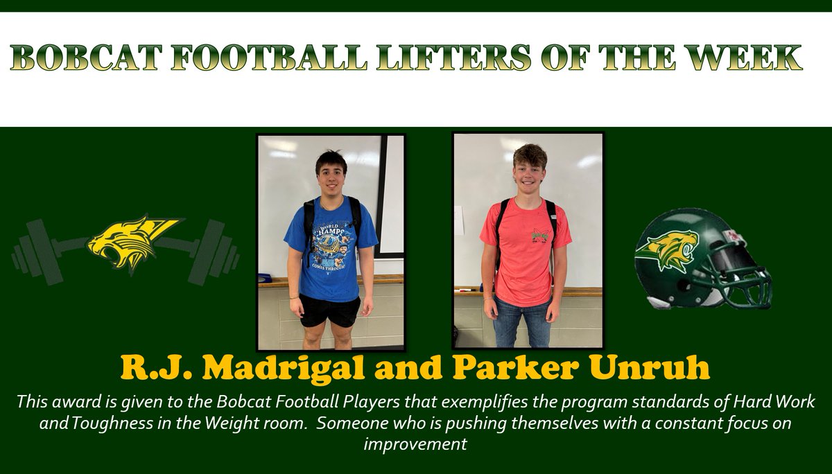 S/O to this week's Bobcat Football Lifters of the Week; Sr. DL RJ Madrigal and So. TE Parker Unruh a, both got 5 lifts in this week and have been getting after it in our TRAIN program! #OneVision #HTF