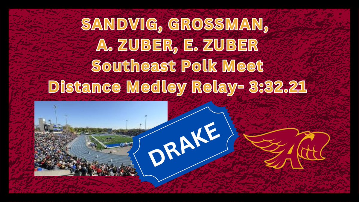 Sandvig, Grossman, A. Zuber, E. Zuber hits the DRAKE BLUE STANDARD in the Distance Medley Relay!
<a href="/DrakeRelays/">Drake Relays</a>