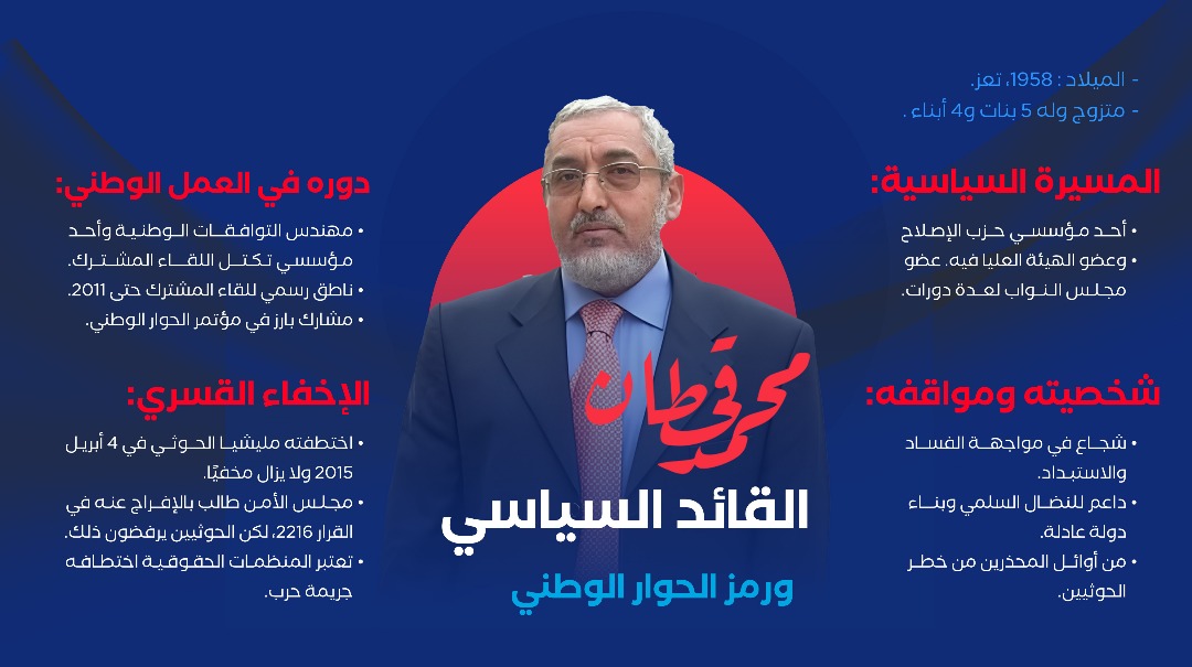 اتسمت شخصية قحطان بالشجاعة والجرأة في انتقاد الفساد والاستبداد بكافة أشكاله وصوره وهي الشخصية التي أخافت المليشيا الحوثية واعتبرتها خطرًا على أفكارها العنصرية ومخططاتها الإرهابية
#قحطان_10سنوات_من_التغييب