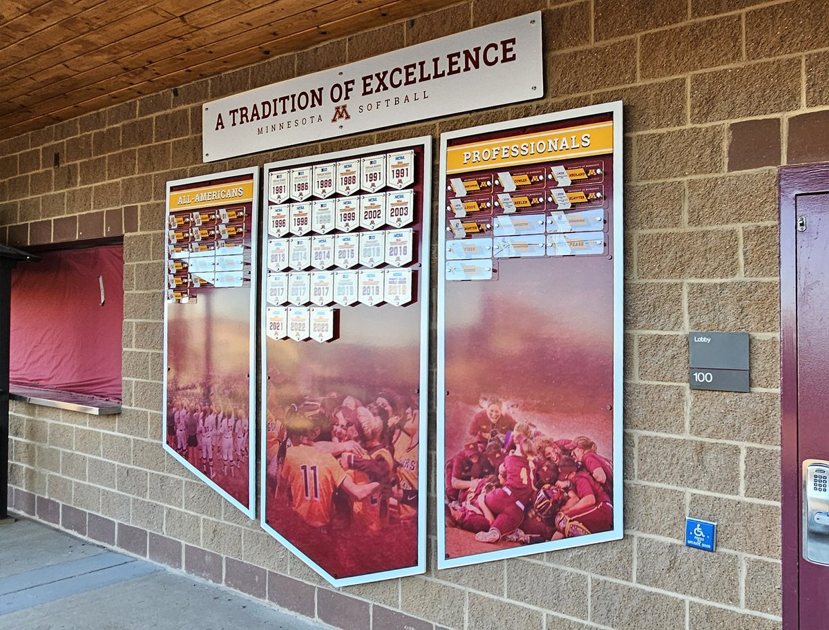 KJ_Branding's tweet photo. Thrilled we could get the next phase of branding installed for @gophersoftball today!
The All-time players display is great way to have everyone from the team's history celebrated.
#designcreateinstall #gophersoftball #uofmsoftball https://t.co/R2bXO9T45B