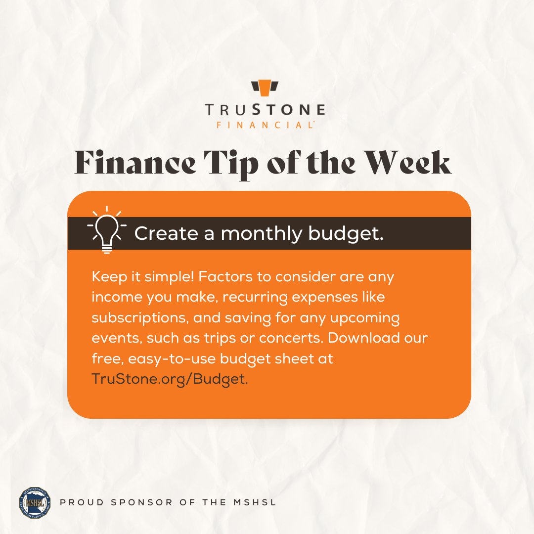 Minnesota State High School League (@mshsl) on Twitter photo April is Financial Awareness month, so the League's premier partner <a href="/TruStoneFCU/">TruStone Financial</a> shared a few tips to celebrate!
Let’s start with the basics – budgeting. April is Financial Awareness month, so the League's premier partner <a href="/TruStoneFCU/">TruStone Financial</a> shared a few tips to celebrate!
Let’s start with the basics – budgeting.