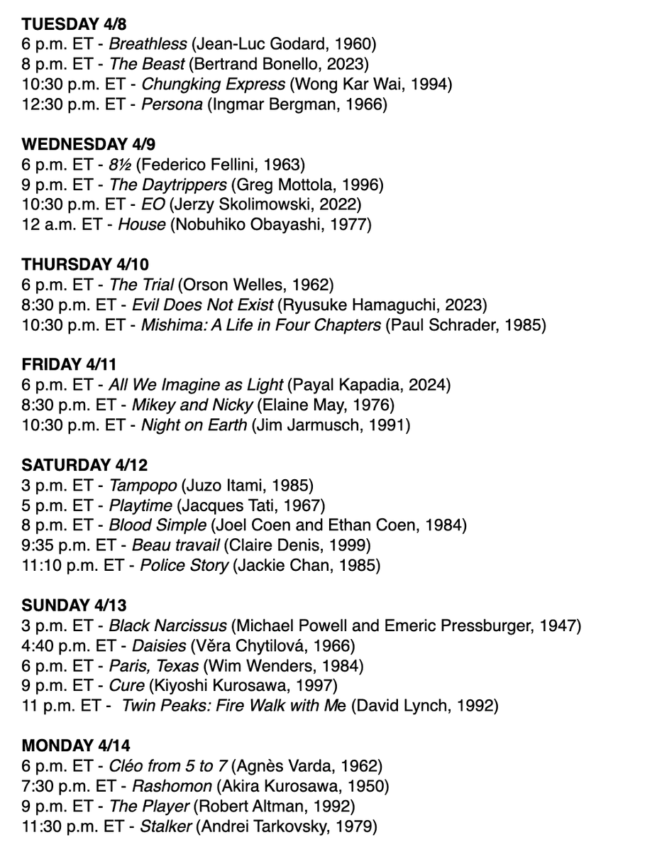 To celebrate their six-year anniversary, <a href="/criterionchannl/">Criterion Channel</a> will present a week of live screenings, available for FREE to anyone, with or without a subscription.

Tune in here from April 8-14: criterionchannel.com/free-movie-week