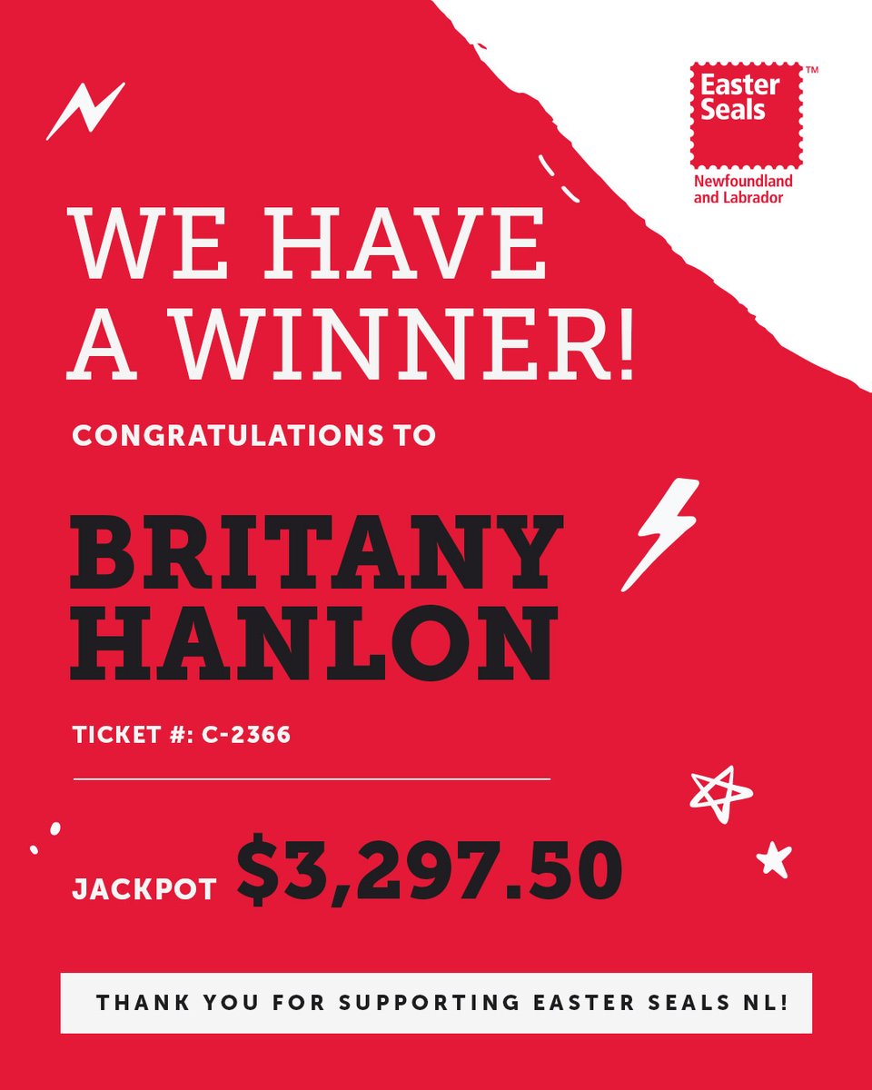 🎉 We have a winner! Congrats to Briyany Hanlon, who just won $3297.50 in our 50/50 Draw! 💰

Thanks to everyone who supported Easter Seals NL—your ticket helps change lives across NL. 💙

Stay tuned for the next draw!