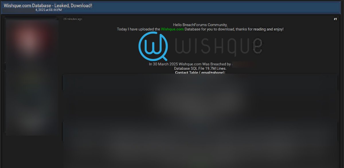 FalconFeedsio's tweet photo. 🚨Data Breach Alert: WishQue 🇱🇰

📢 A member of BreachForums has posted about a significant data breach involving WishQue, an online gifting and e-commerce platform based in Sri Lanka.  The compromised data reportedly contain 19.7 M lines of information including name, email, phone, credit cards etc.