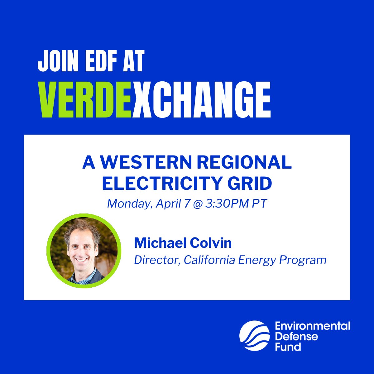CA is taking critical steps to create the electric grid needed to cut pollution &amp; build a 100% clean energy economy.⚡️

On 4/7, EDF’s Michael Colvin will speak on the role of a western electricity grid alongside former CPUC Comm'r Darcie Houck at @VerdeXchange. <a href="/colvin/">Michael Colvin</a> <a href="/HouckCPUC/">Darcie L. Houck</a>