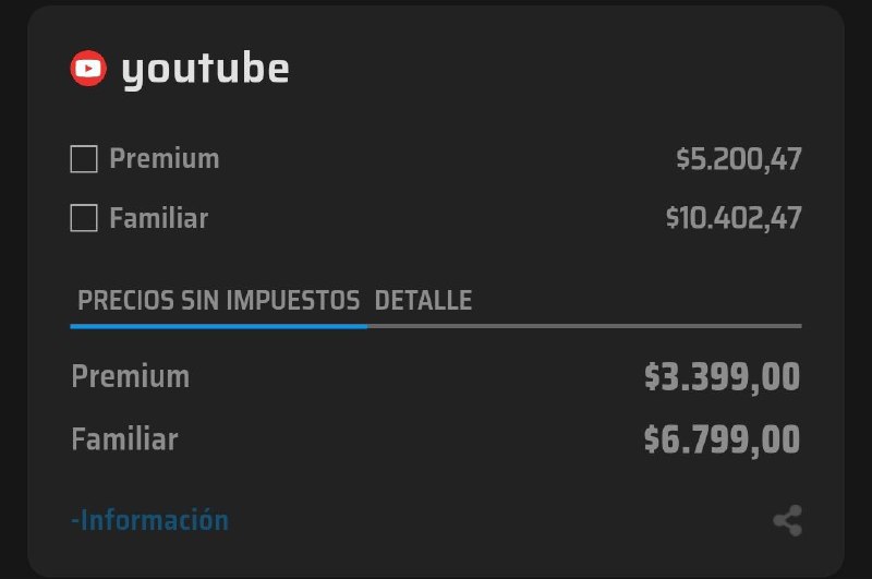 InfoStreamingAR's tweet photo. #YoutubePremium 

YouTube sube hasta un 90% sus precios en Argentina: el aumento ya rige para nuevos clientes, mientras que los suscriptores actuales tendrán el ajuste en mayo

PRECIO FINAL CON IMPUESTOS: 

🔹Plan Premium: $5.200,47

🔹Plan Familiar: $10.402,47 https://t.co/DbEZlu77iE