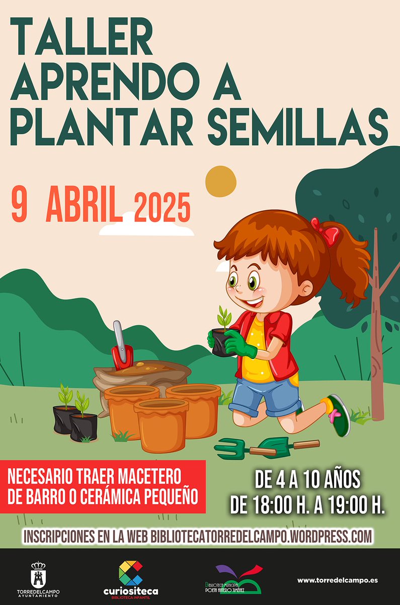 🌱TALLER APRENDO A PLANTAR SEMILLAS🌱
🗓️Miércoles 9 de abril
🕕A las 18:00 H
Para niñ<a href="/s/">『S』</a> con edades comprendidas entre 4 a 10 años👦👧
‼️Necesario traer macetero de barro o cerámica pequeño‼️
✅Inscripciones  mediante nuestra página web: bibliotecatorredelcampo.wordpress.com

#bibliotorredel