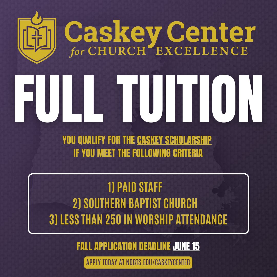 👋 Hey,  Louisiana!  

Do you know someone serving at a Southern Baptist church in  with less than 250 in worship attendance? 

The Caskey Center has full tuition scholarships available to help them pursue theological education. 

Apply by June 15 at nobts.edu/caskeycenter.