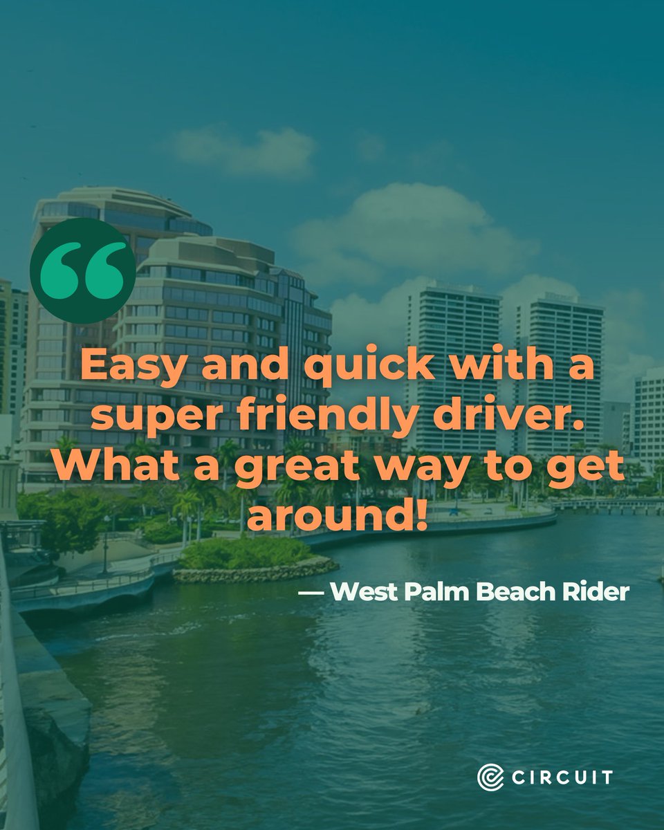 ride_circuit's tweet photo. ⭐️⭐️⭐️⭐️⭐️
With 50,000+ rides and a 4.85/5 rating, it’s safe to say West Palm Beach loves riding with Circuit 💚
Hop in, ride free, and see why we’re your 5-star fave 🚗☀️
@downtownwpb @thecityofwpb #RideCircuit #WestPalmBeach #WPBgo #Microtransit #CommunityMobility https://t.co/SPKsgML69f
