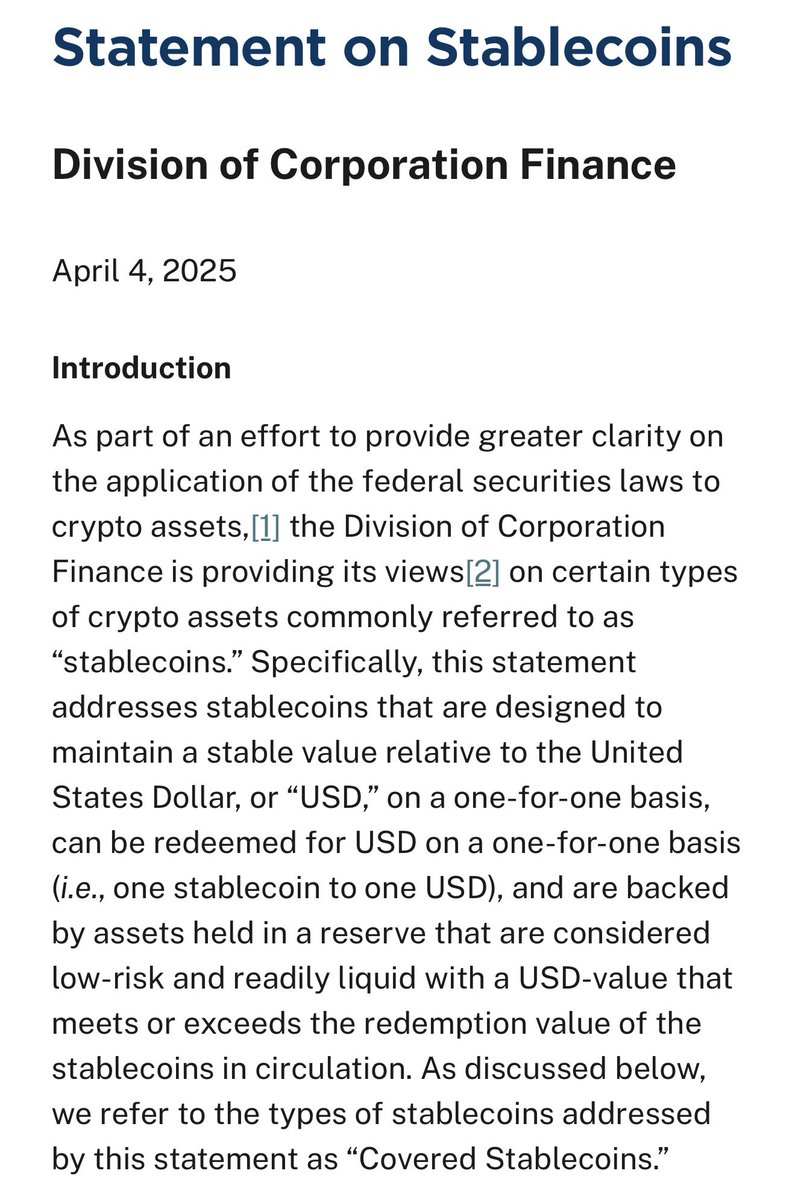 🚨NEW: The <a href="/SECGov/">U.S. Securities and Exchange Commission</a> Division of Corporation Finance has just put out guidance on stablecoins.

The agency has minted a new term — ‘Covered Stablecoins’ which describe stablecoins that “maintain a stable value relative to the United States Dollar, on a one-for-one basis, can be