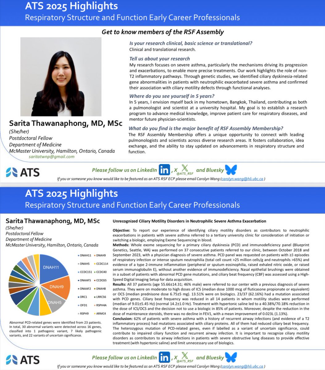 ATS RSF Assembly (@ats_rsf) on Twitter photo Welcome our ECP Highlight, Dr Sarita Thawanaphong, a Postdoctoral Fellow at McMaster University in Ontario. Dr Thawanaphong focuses on severe asthma, specifically non-T2 inflammatory pathways and ciliary dyskinesia-related gene abnormalities.
More here: craftprd1.blob.core.windows.net/documents/memb… Welcome our ECP Highlight, Dr Sarita Thawanaphong, a Postdoctoral Fellow at McMaster University in Ontario. Dr Thawanaphong focuses on severe asthma, specifically non-T2 inflammatory pathways and ciliary dyskinesia-related gene abnormalities.
More here: craftprd1.blob.core.windows.net/documents/memb…