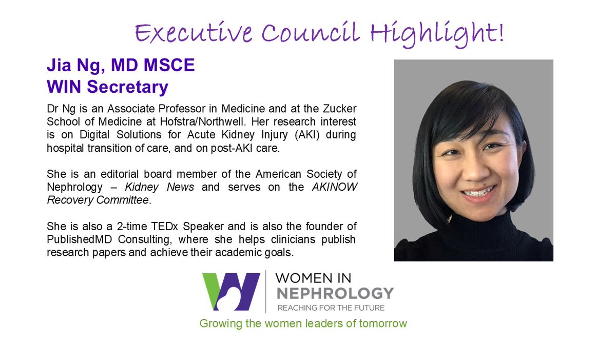 Join us in welcoming Dr. Jia Ng as the new Secretary of Women in Nephrology!

She brings a powerful voice in research, mentorship, and leadership.

We're honored to have her on the Executive Committee. 💜